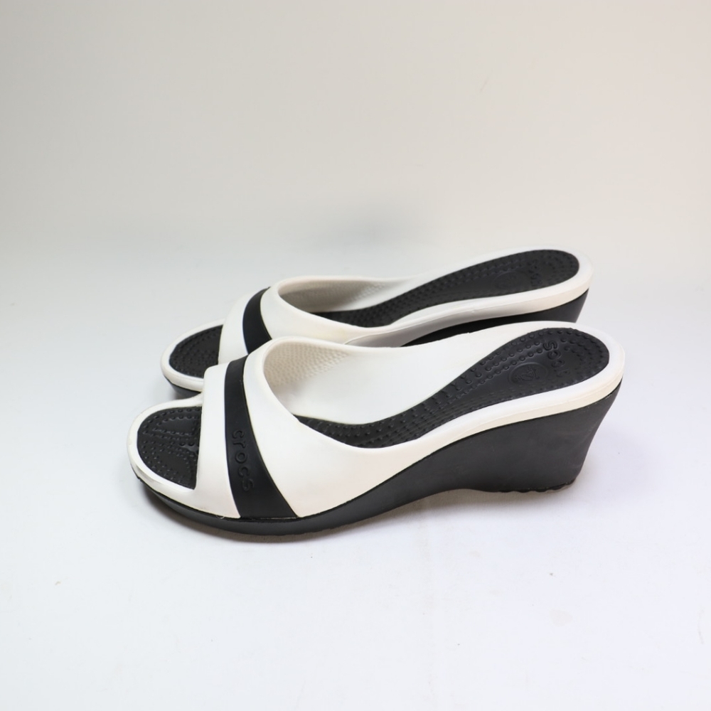 CROCS Sassari White and Black Women's Wedge Heel Slip On Sandals Size 8